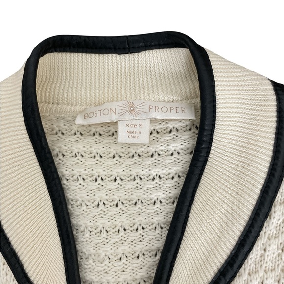 Boston Proper Cream Sweater Cardigan with Faux Leather Black Trim - Picture 2 of 4